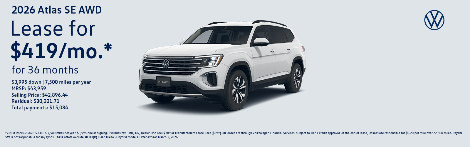 New 2026 Volkswagen Atlas SE AWD Lease Special