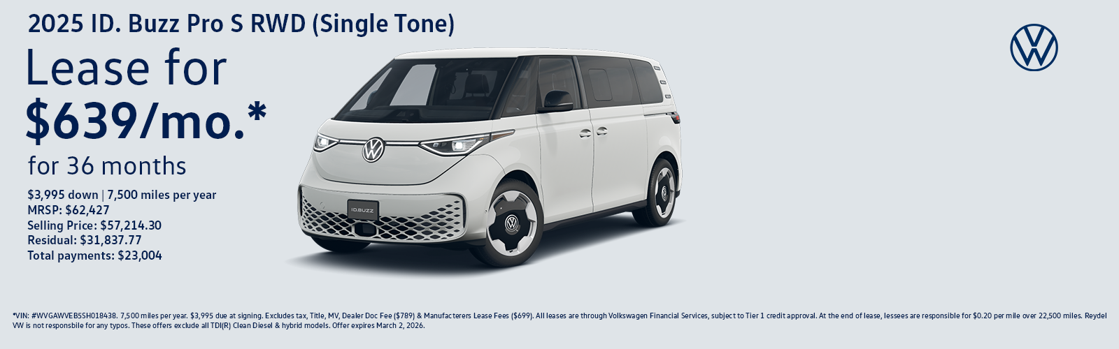 NJ Dealer New 2025 Volkswagen ID.Buzz PRO S RWD (Single Tone) Lease Special