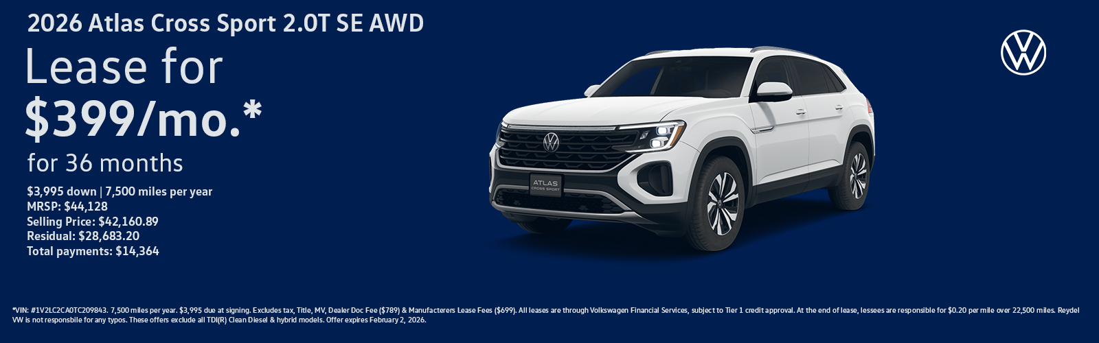 New 2026 Volkswagen Atlas Cross Sport SE AWD Lease Special.