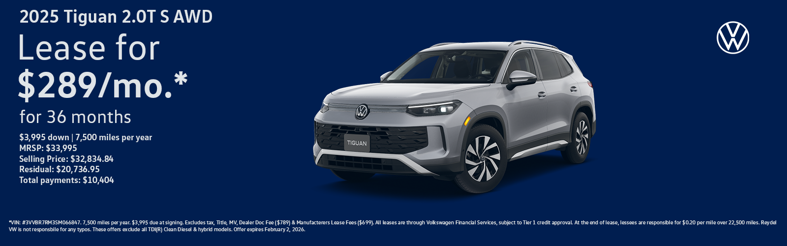 2025 Volkswagen Tiguan 2.0T S AWD Lease Special