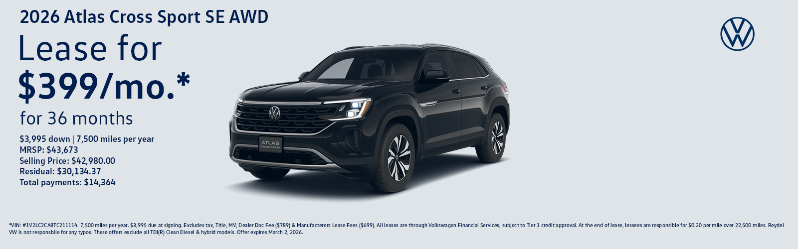 New 2026 Volkswagen Atlas Cross Sport SE AWD Lease Special.
