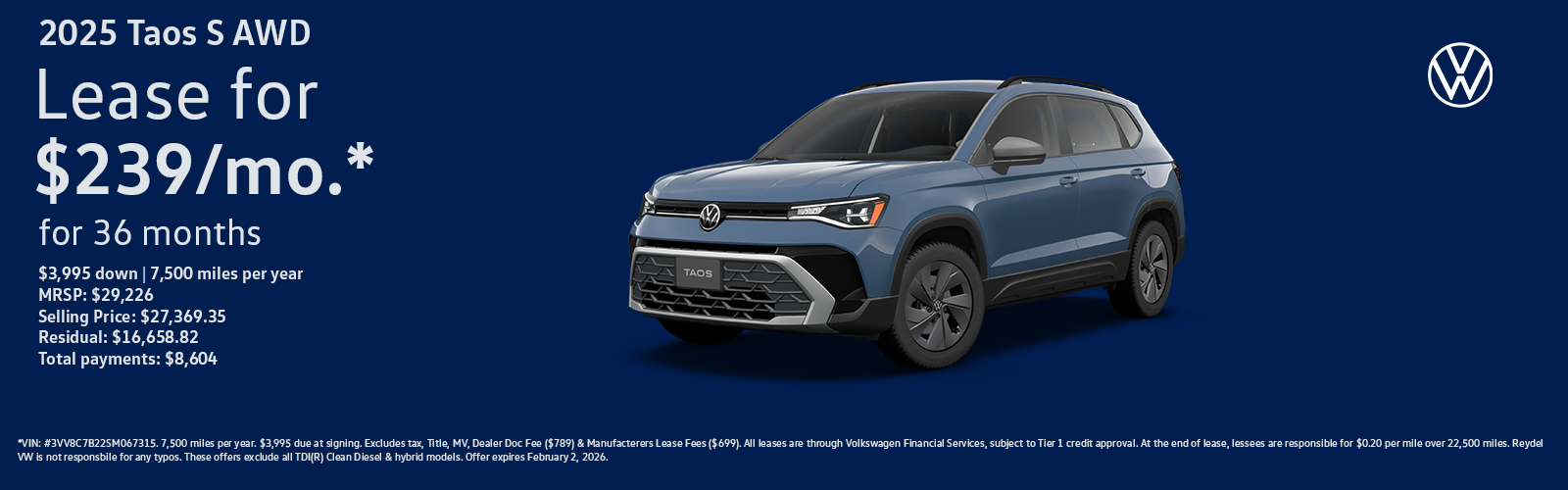 2025 Volkswagen Taos 1.5T S AWD Lease Special